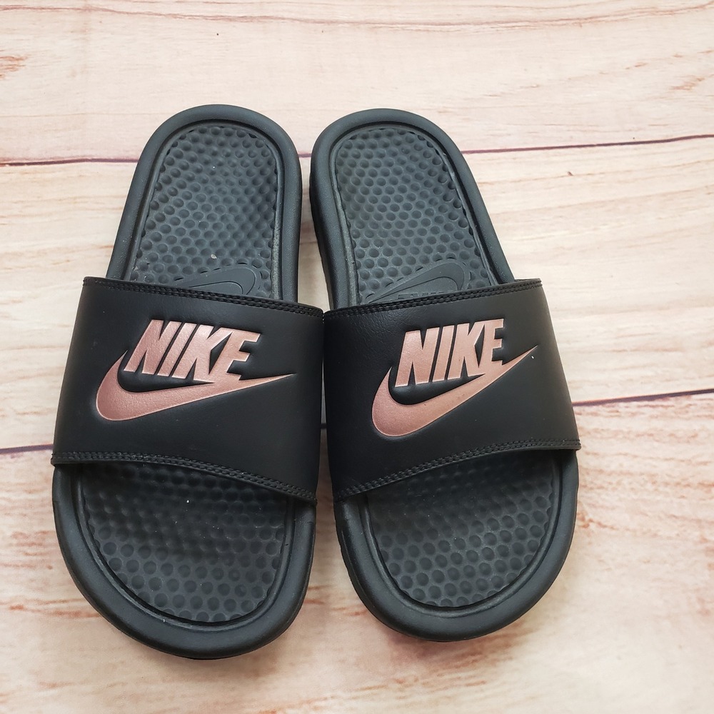 Nike Benassi JDI Slide Sandals Womens Size 7 Black Rose Gold Swoosh Ladies